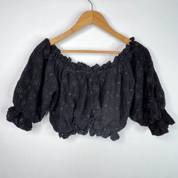 Surf Gypsy Black Floral Eyelet Ruffle Puff Sleeve  Crop Top M - Picture 2 of 12